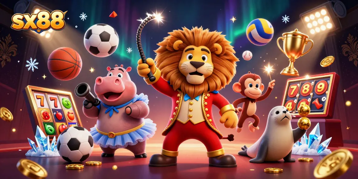SX88 circus-themed illustration showcasing powerful slot and sports betting elements in action.