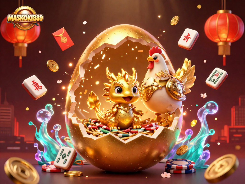 Play exciting games at MASKOKI889 with a golden dragon guarding poker chips and festive decorations.