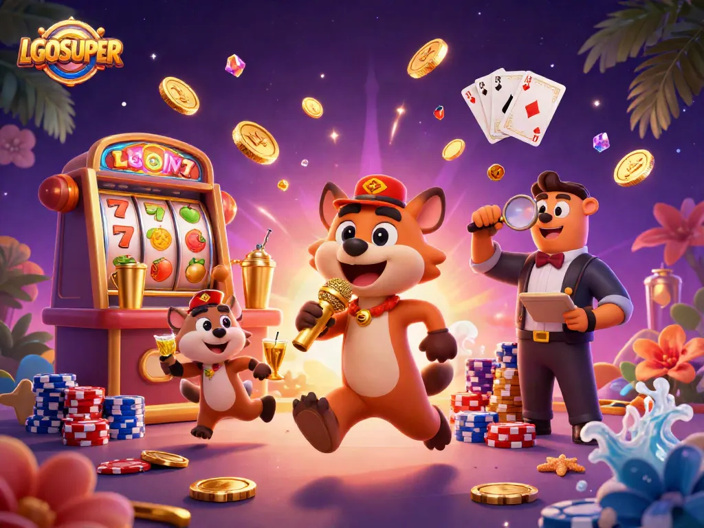 Experience the excitement of LGOSUPER with animated hyenas in a vibrant casino scene.