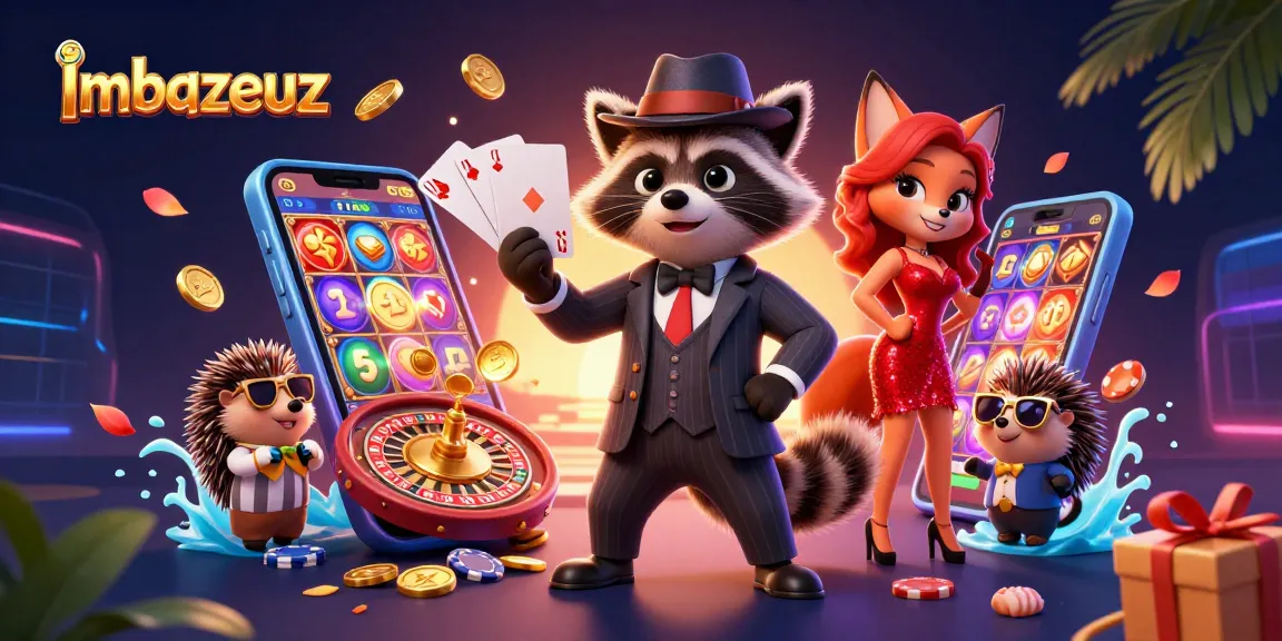 Imbazeuz menghadirkan suasana kasino yang menarik dengan karakter animasi memegang tangan royal flush.