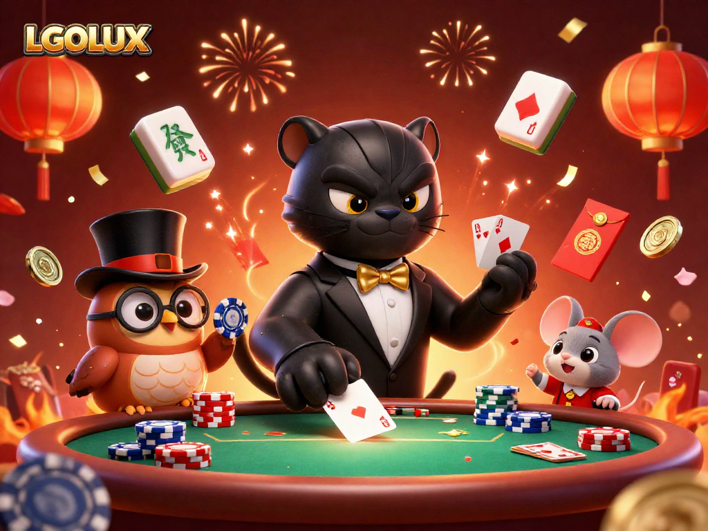 LGOLUX showcases a dynamic poker scene with a tuxedoed panther, top hat owl, and lucky mouse wielding chips.