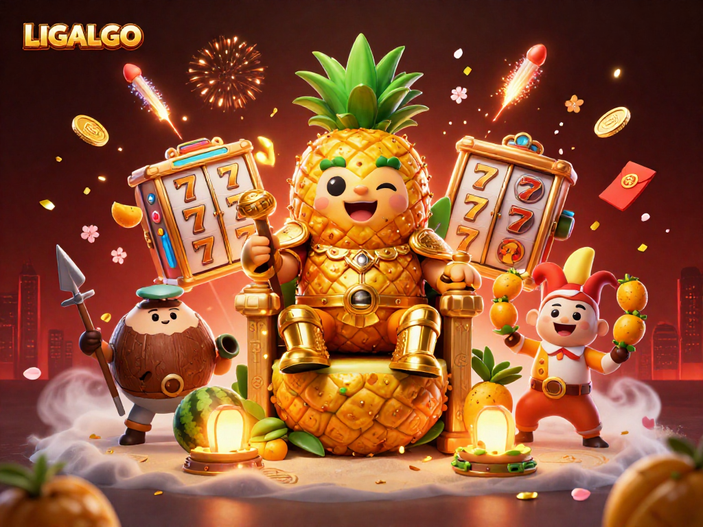 LIGALGO showcases vibrant casino elements with a pineapple king and engaging characters, emphasizing slots and fun.