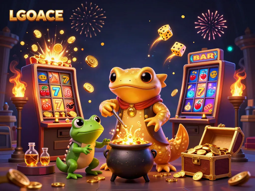 Engage in exhilarating gaming at LGOACE with vibrant 3D golden elements and slot machine excitement.