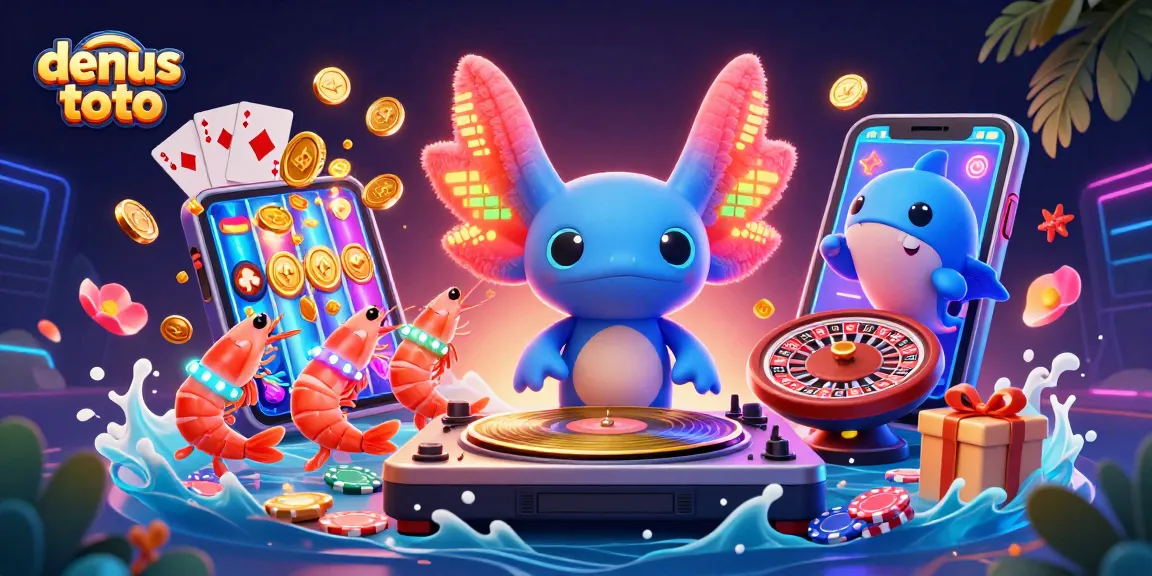 Menampilkan densus toto dengan DJ axolotl neon beraksi di studio live, disertai koin emas dan kartu permainan yang berhamburan.