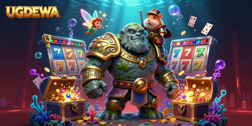 Experience the magic of UGDEWA's dynamic gambling realm, featuring a golem, fairy, and hamster knight amidst vibrant slots and treasures.