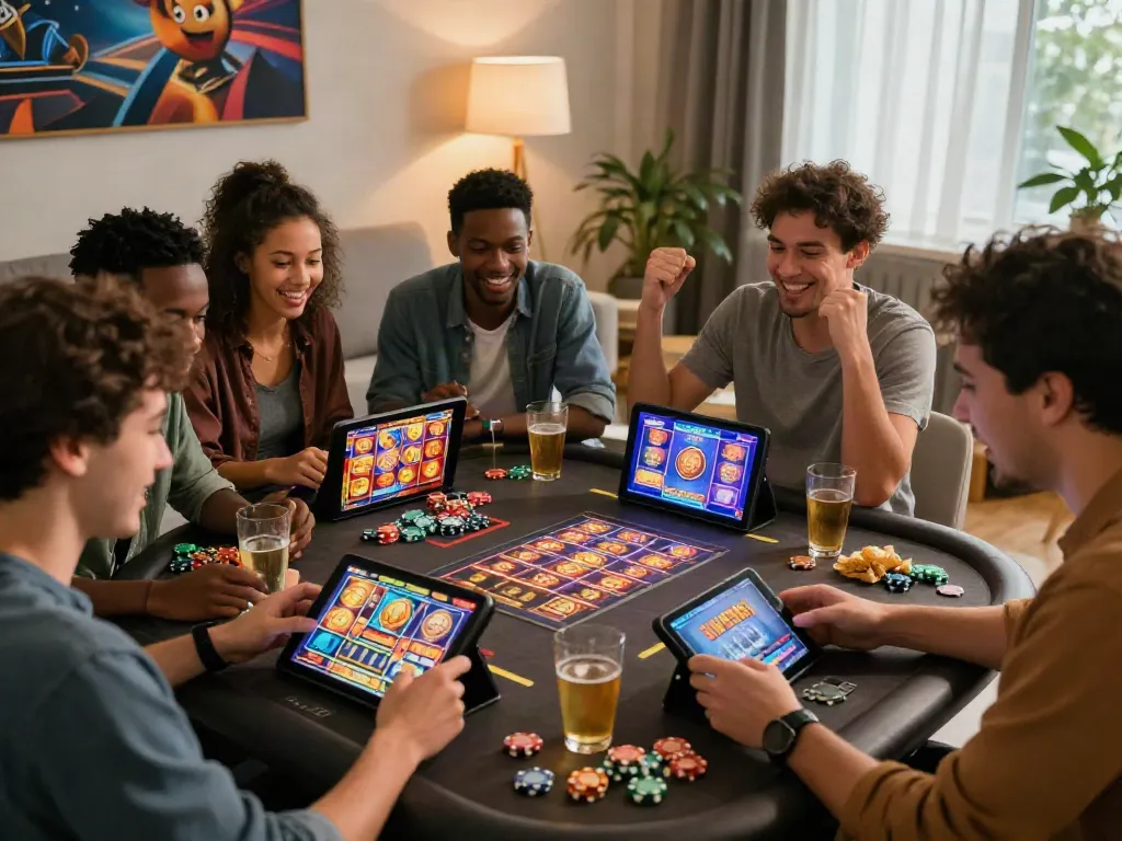 Group enjoying slot88 games on colorful devices, creating a lively gambling atmosphere.