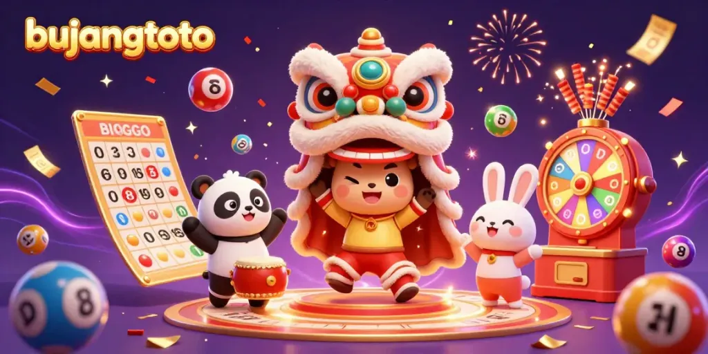 Experience the thrilling bujangtoto gaming action with colorful lottery elements and festive characters in an exciting casino scene.