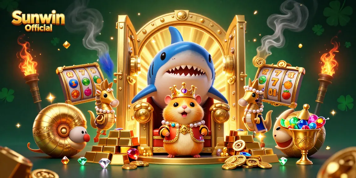 Experience winning with Sunwin Official members at the vibrant gaming throne amidst treasures and slot symbols.