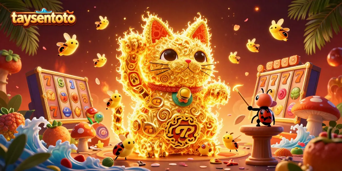 Menggambarkan taysentoto dalam bentuk ilustrasi 3D dengan kunang-kunang emas dan simbol kasino, siap menang besar!