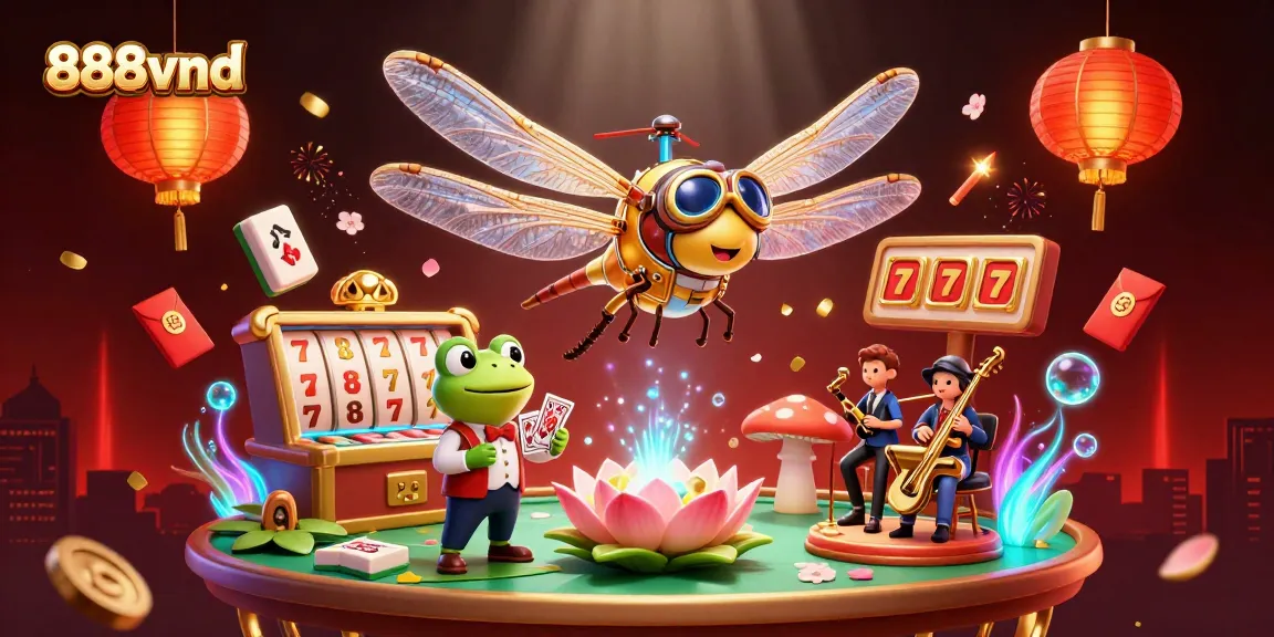 Experience thrilling action at 888vnd as the frog croupier deals cards under a lively casino atmosphere.