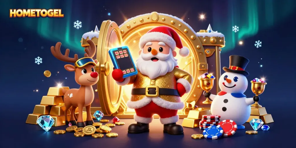 Engage with HOMETOGEL's vibrant casino scene, highlighted by cartoon characters and dazzling gold elements.