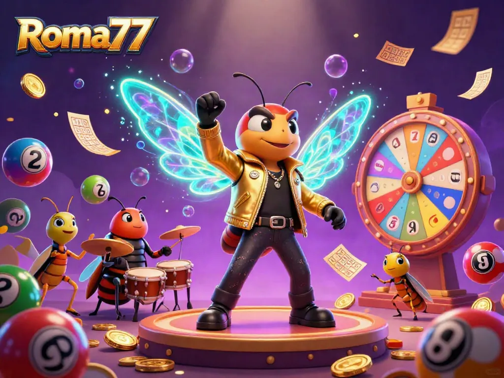 Experience vibrant gameplay with Roma77, featuring animated characters and colorful gaming elements in a dynamic casino setting.