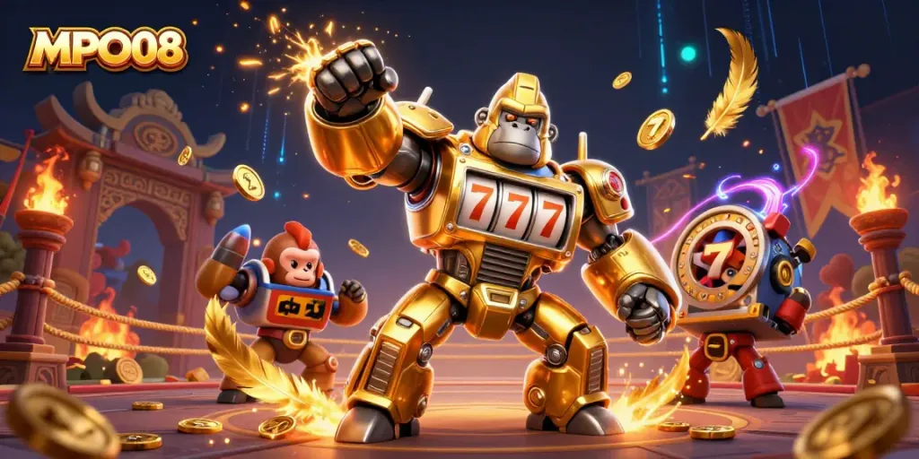 MPO08 showcases a powerful golden gorilla mech engaging in dynamic slot action with vibrant casino elements.