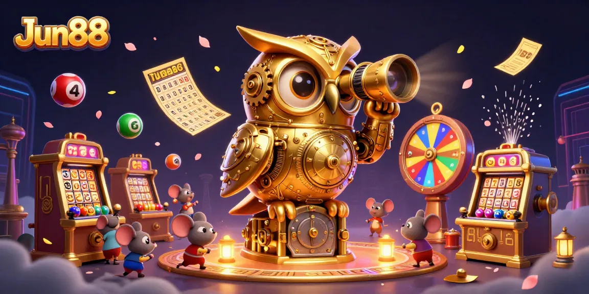 Experience Jun88's vibrant casino world with a mechanical owl, animated mice, and lively lottery elements.