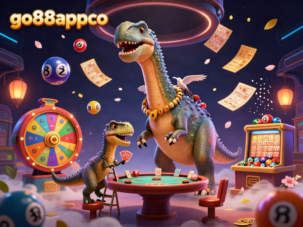 Experience the thrilling environment of go88appco with a magical dinosaur poker scene filled with dynamic casino elements.
