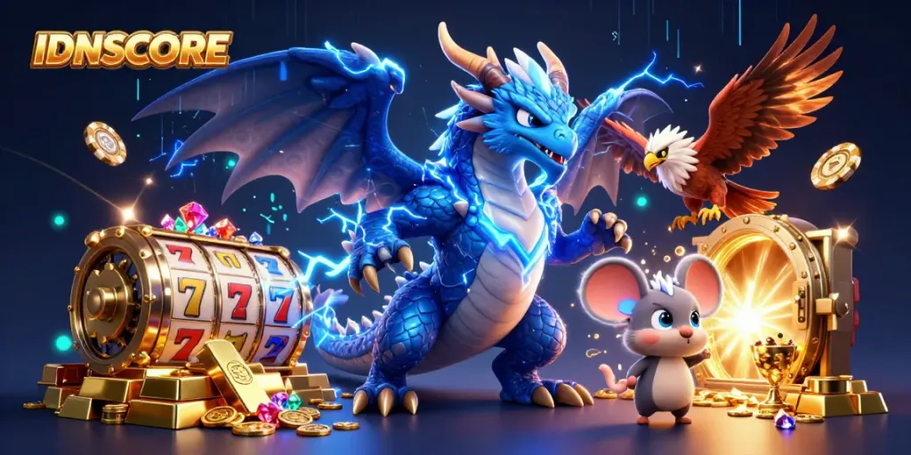 IDNSCORE showcases thrilling slot action with dynamic characters and vibrant casino elements.