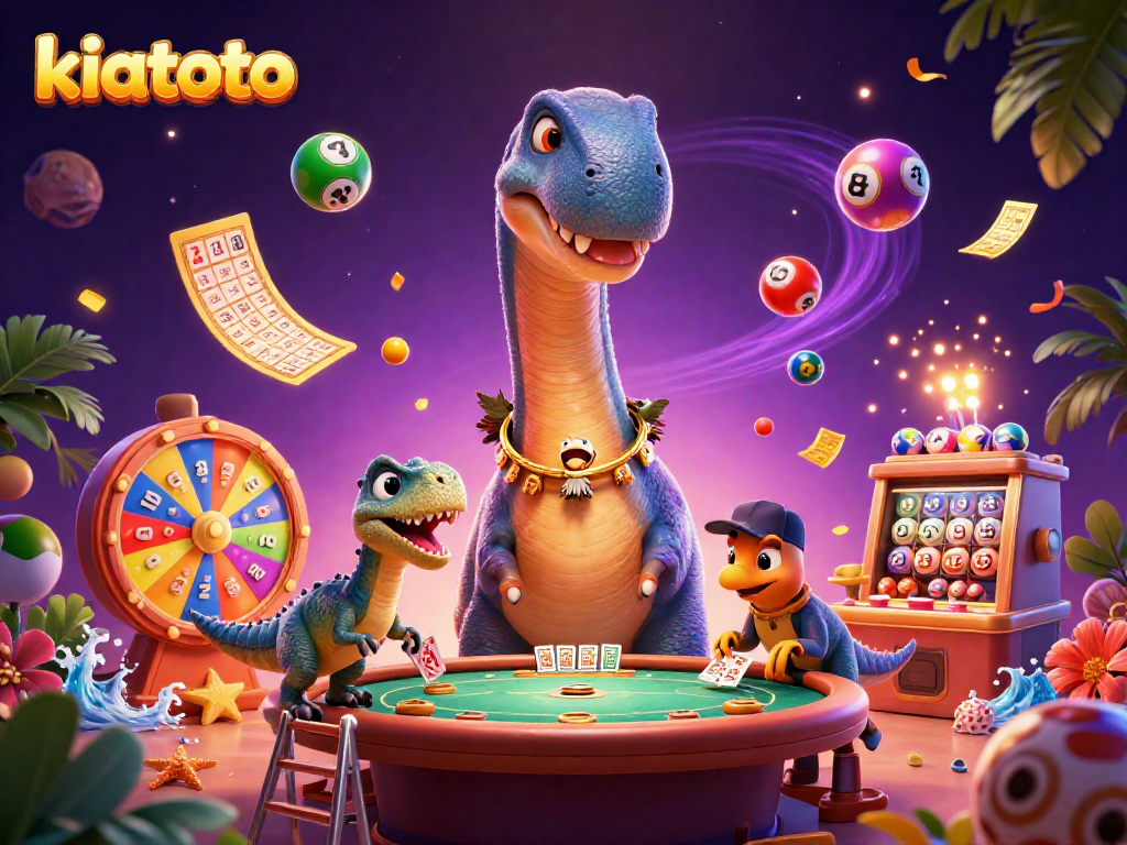 Kiatoto engages players with vibrant lottery games under a giant dinosaur at a lively casino.