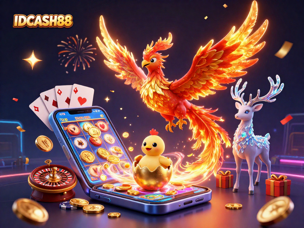 Experience the thrill of IDCASH88 with a vibrant 3D casino scene featuring a phoenix and gaming elements.