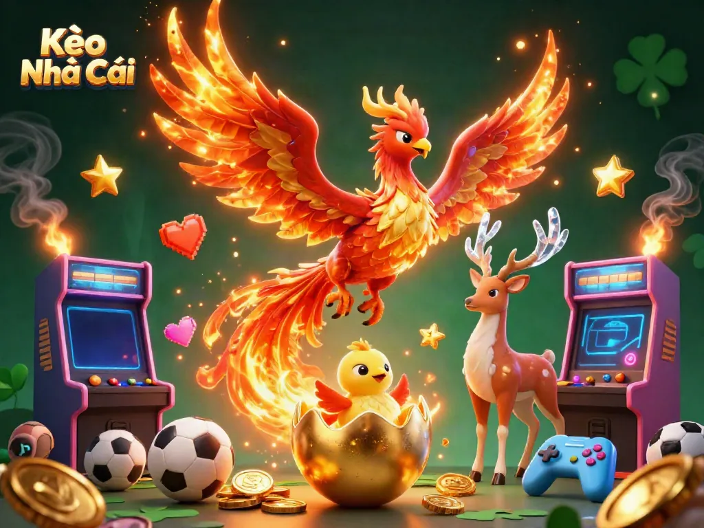 Kèo Nhà Cái showcases vibrant sports betting elements with a mythical phoenix and stag in a dynamic, colorful casino environment.