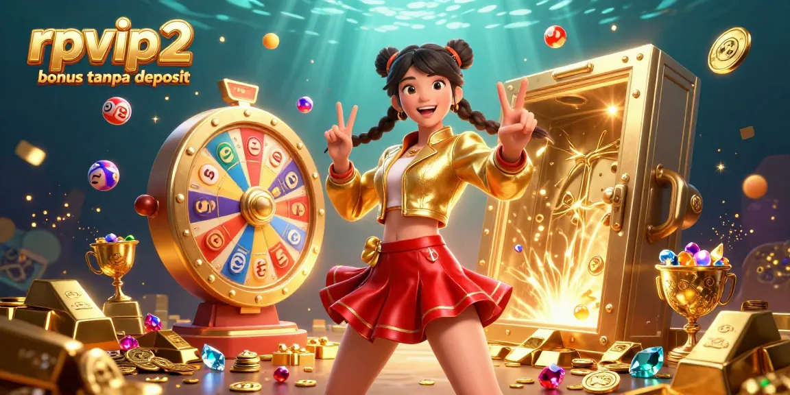 Experience the thrill of rpvip2 bonus tanpa deposit with vibrant characters, spinning wheels, and treasures in a dynamic casino scene.