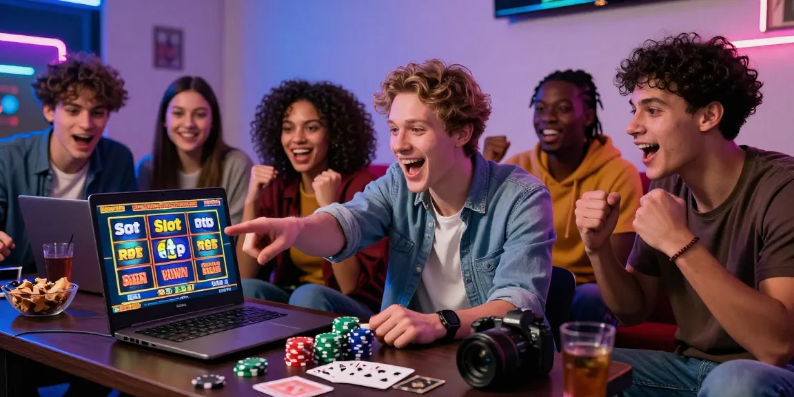 A group of friends excitedly engaged with Slot rtp online gaming, showcasing a lively casino atmosphere.
