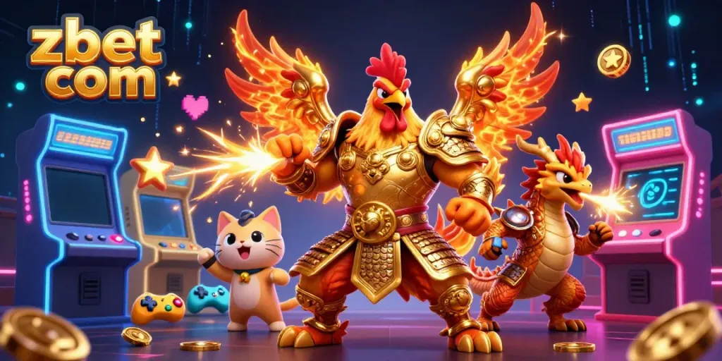 Join the excitement at zbet com with a stunning illustration of a gamified rooster warrior, casino elements, and thrilling magic.