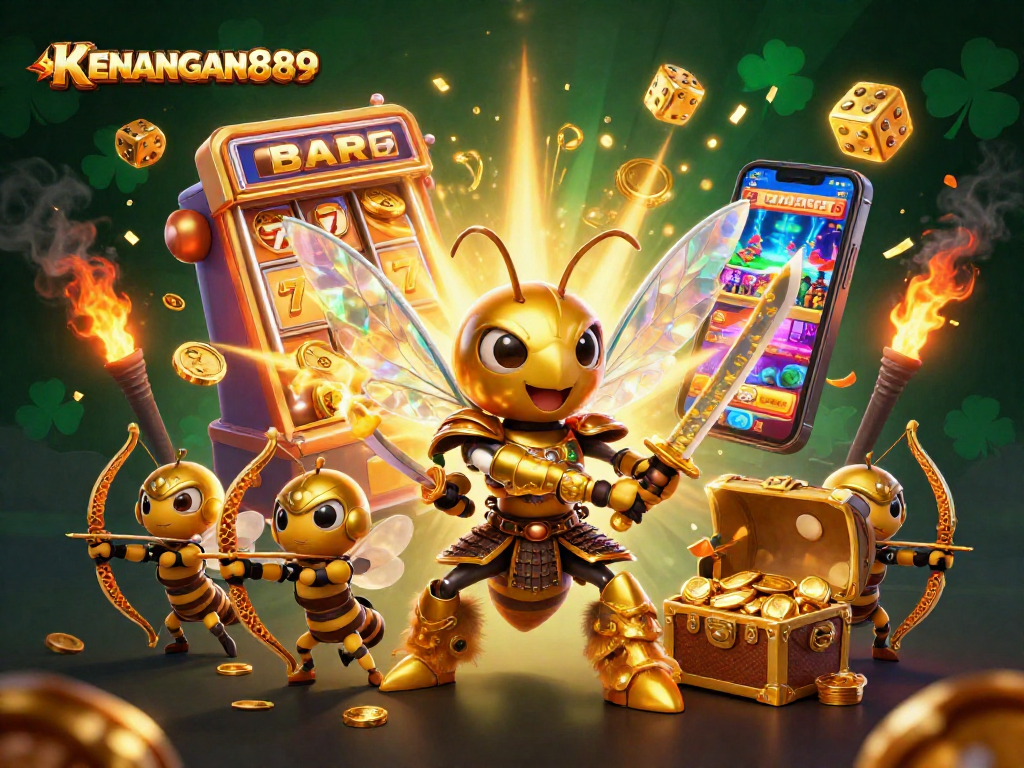 Engage with KENANGAN889 in a vibrant casino scene featuring slot machines and dynamic characters.