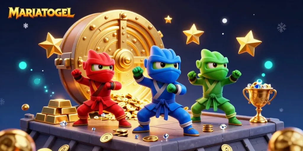 Experience thrilling adventures with MARIATOGEL as ninja chameleons explore a treasure-filled scene.