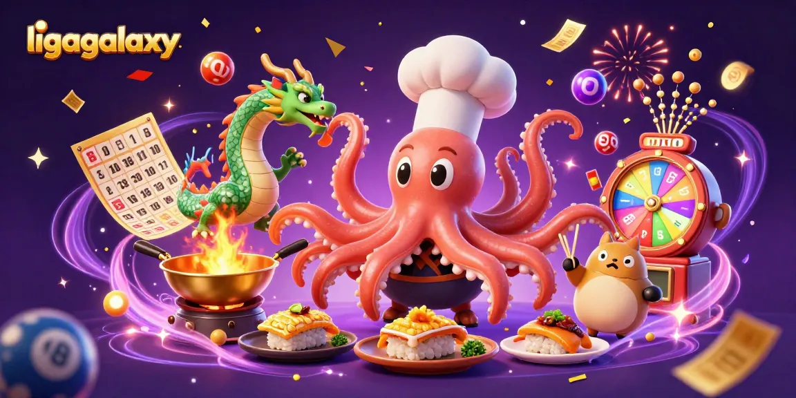Gambar ligagalaxy menampilkan chef sushi kartun 3D dan naga yang berapi-api dalam suasana kasino