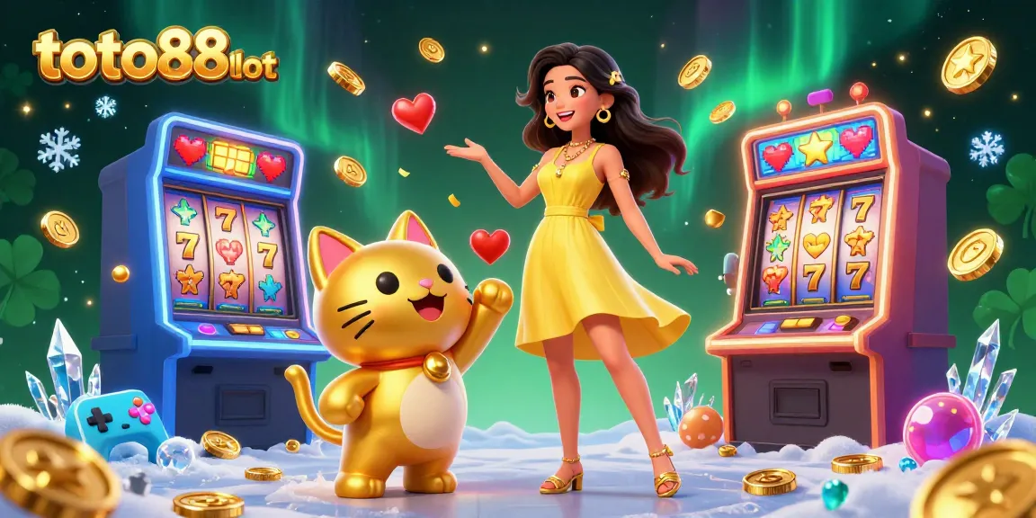 Toto88slot showcases an engaging scene with a cheerful Asian woman and a golden lucky cat, surrounded by vibrant slot machines and shimmering coins.
