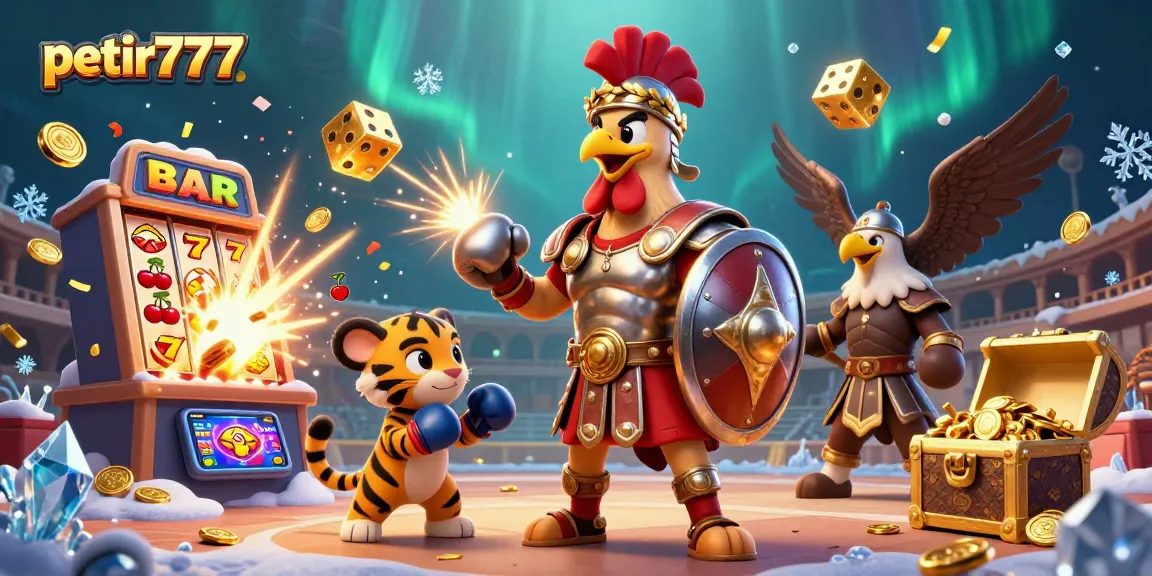 Experience the excitement with petir777's vibrant online gaming action featuring a dynamic scene of a rooster gladiator and more.