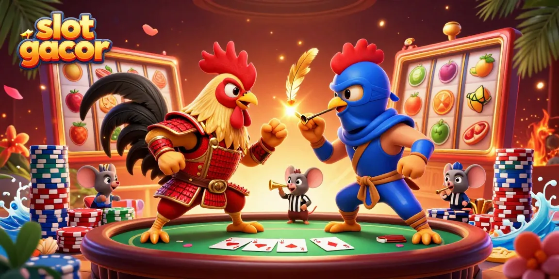 Play slot gacor with fierce cartoon roosters and vibrant casino elements in a dynamic showdown.