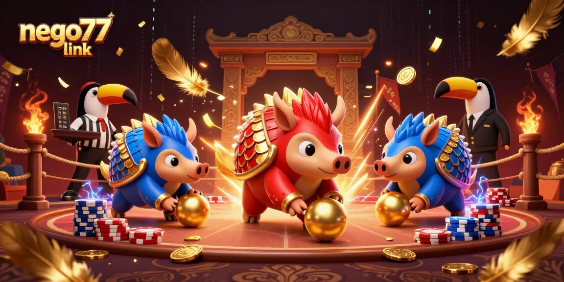 Play and win on the nego77 link with dynamic gambling-themed cartoon pangolins and vibrant effects.