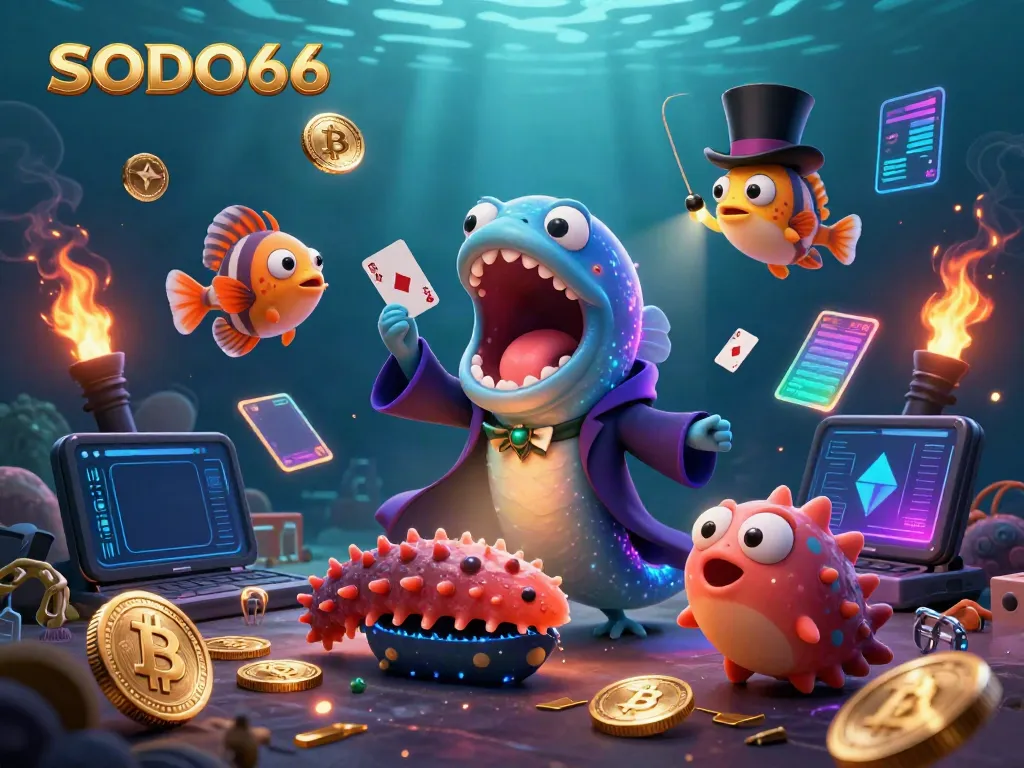 Witness the magical antics of SODO66 featuring a gulper eel and anglerfish in a vibrant casino scene.