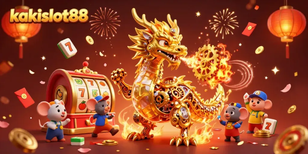Menghadirkan kakislot88 dengan naga emas mekanikal dan simbol slot berputar yang menarik.