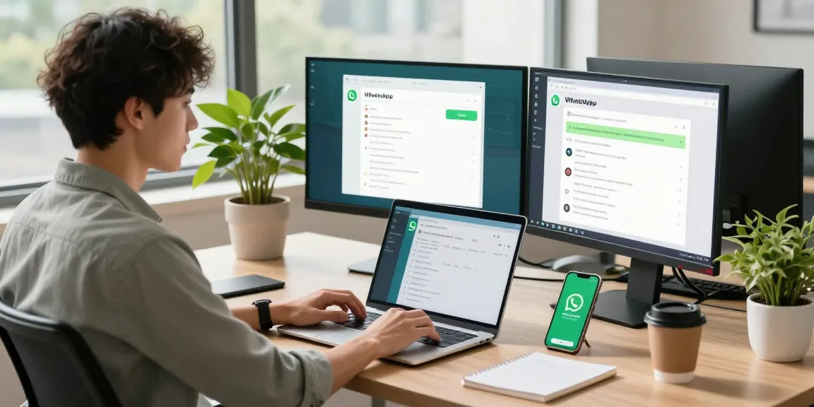 Professional using WhatsApp電腦版 on a modern laptop in a bright office setting.
