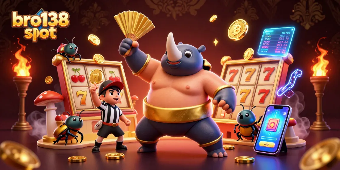 Experience the excitement of bro138 slot with intense action featuring a beetle champion amidst vibrant casino elements.