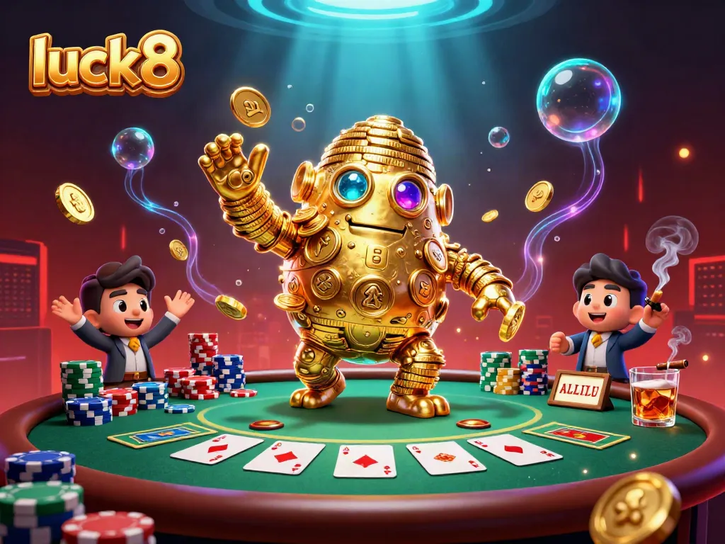 Spin and win at luck8 with colorful poker and golden golem in this vibrant casino scene.