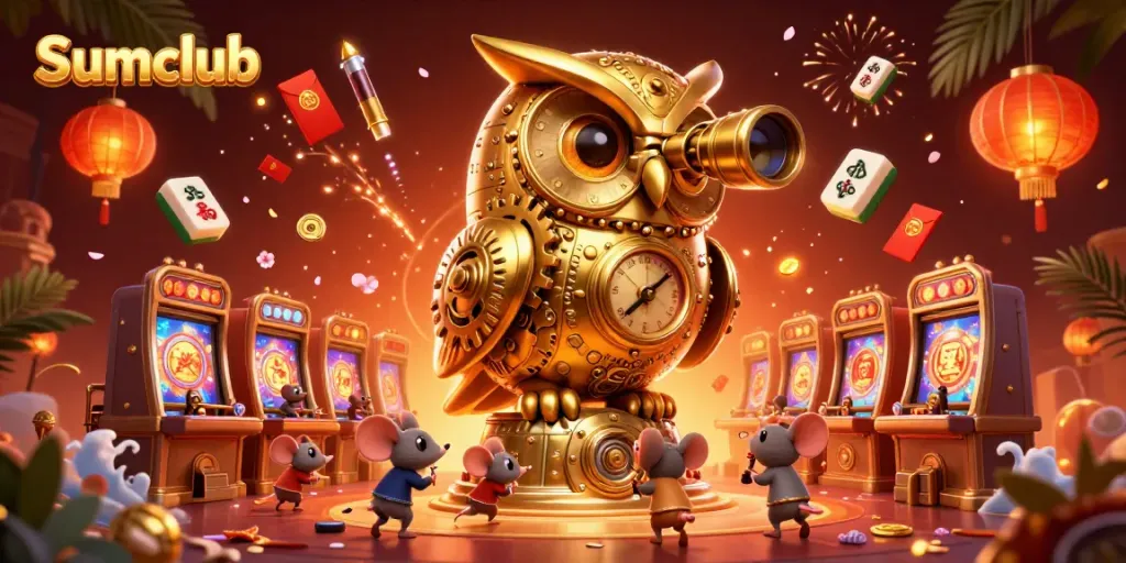 Experience the thrill of Sumclub with a vibrant 3D casino scene featuring a golden owl and playful mice.