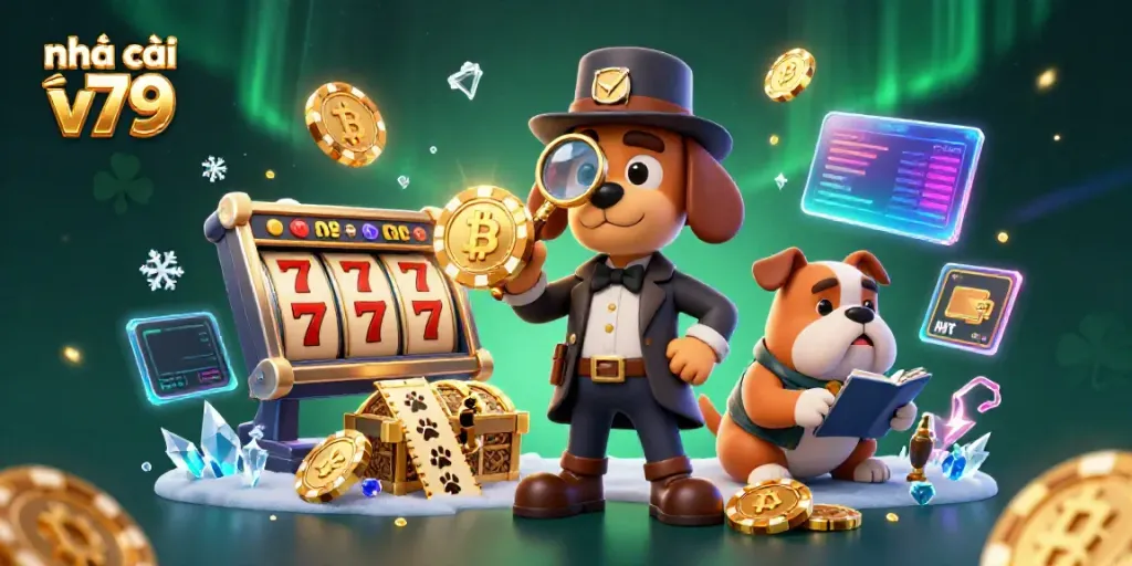 Engage with nhà cái v79 in a lively casino scene featuring detective characters examining golden chips and crypto elements.