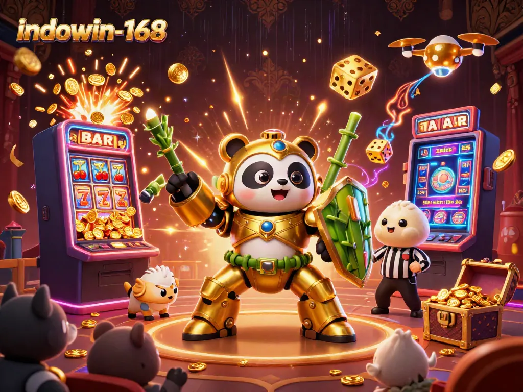 Indowin-168 menampilkan mesin slot megah yang mengeluarkan ledakan jackpot dan koin berkilau.