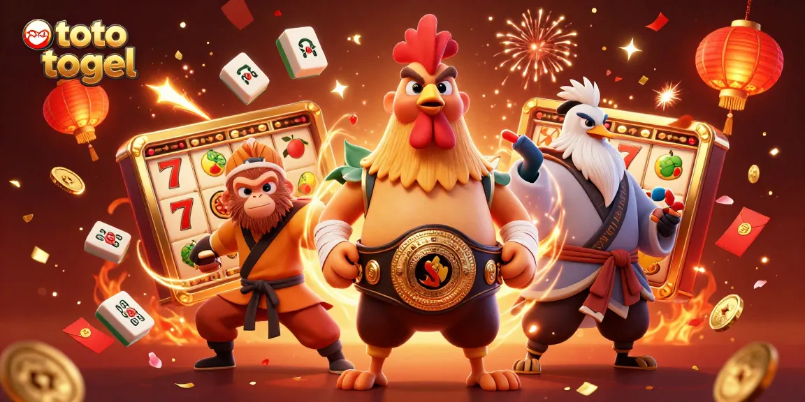 Memenangkan toto togel dengan simbol keberuntungan dan karakter unik dalam suasana kasino yang meriah.