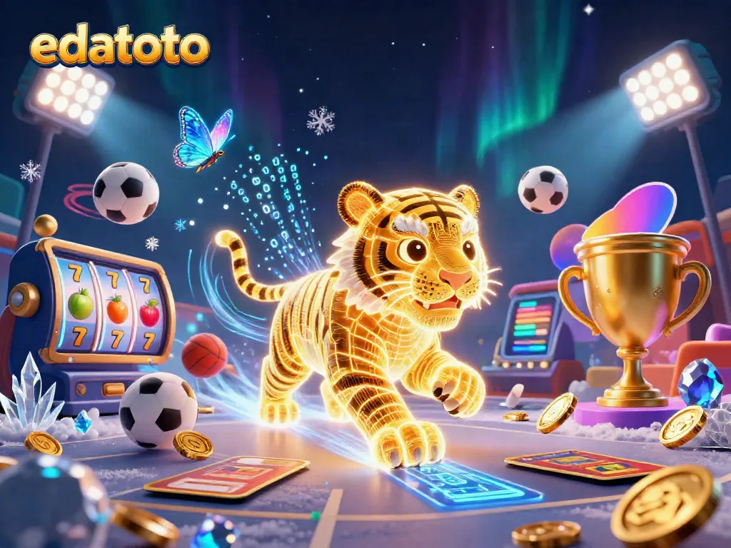 Experience edatoto's exciting casino atmosphere with a vibrant 3D illustration featuring a golden tiger and slot elements.