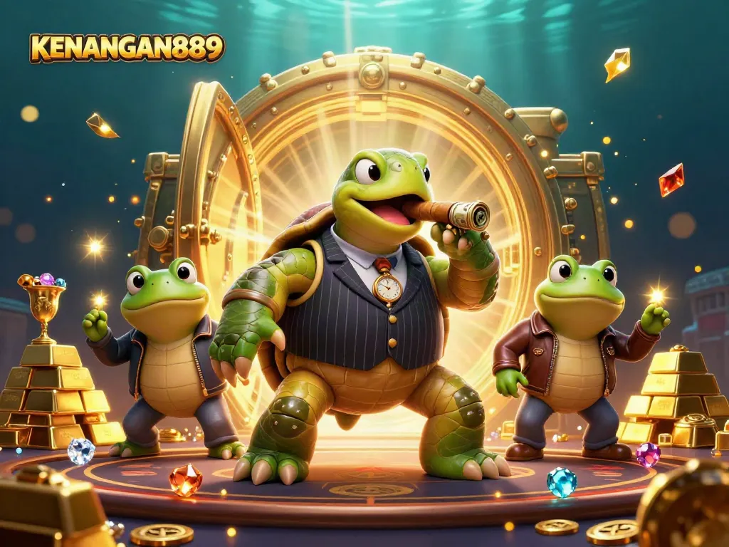 KENANGAN889 showcases an entertaining casino scene with dynamic characters amidst golden treasures.