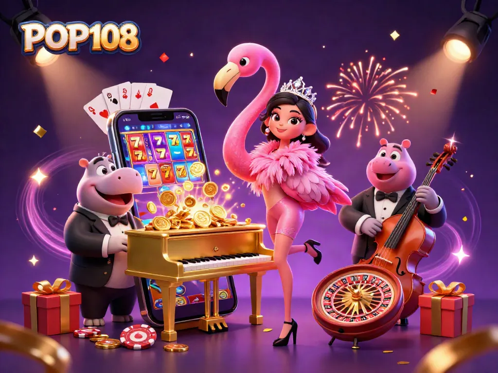 POP108: Menyaksikan flamingo penyanyi kasino mewah dan pemain hippo di tengah slot game seru.