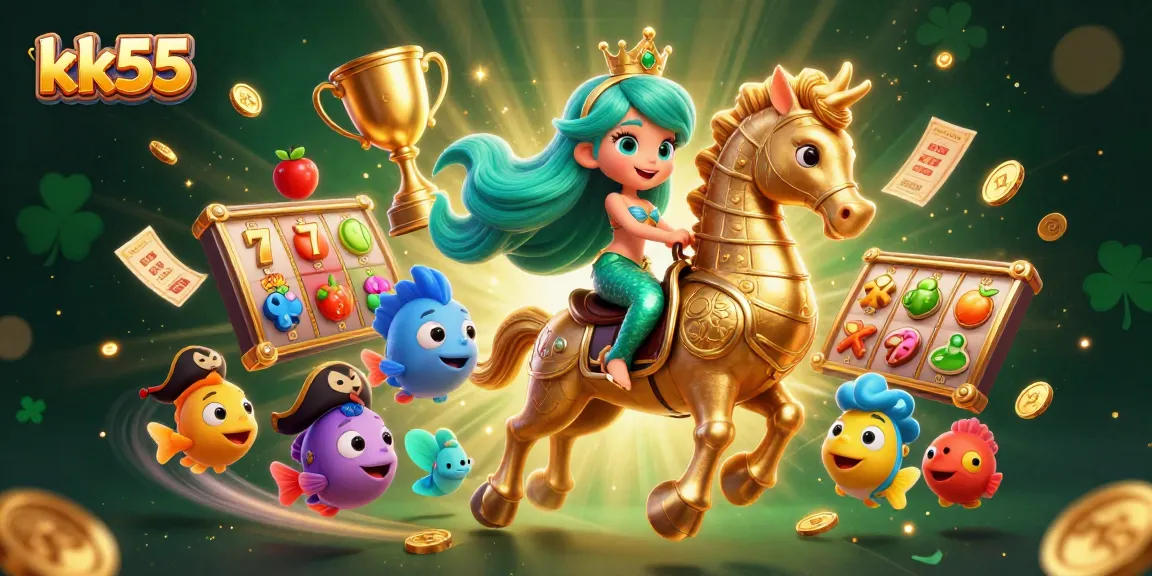Colorful scene featuring a 3D mermaid and seahorse celebrating kk55 with slot games, dazzling elements, and golden trophy.