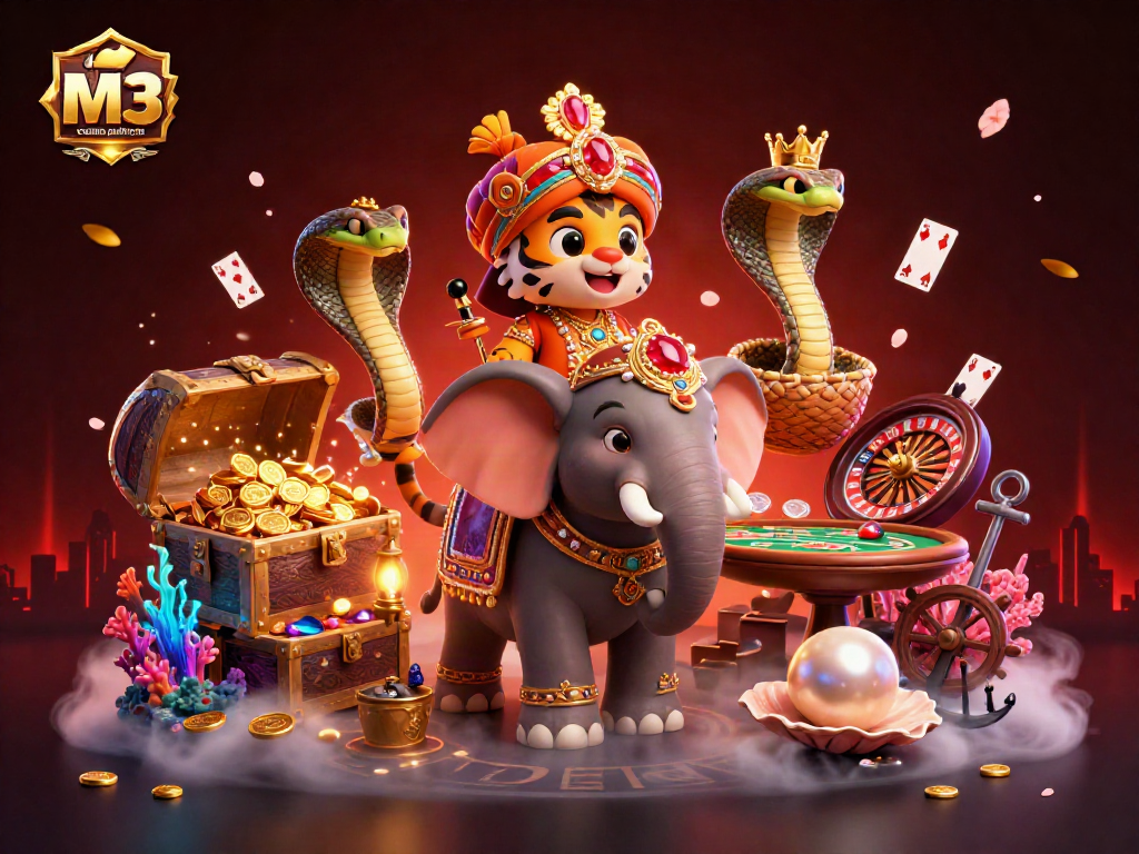 Engage with mjbest live casino platform M3 Malaysia featuring a vibrant 3D scene of exciting games and characters.