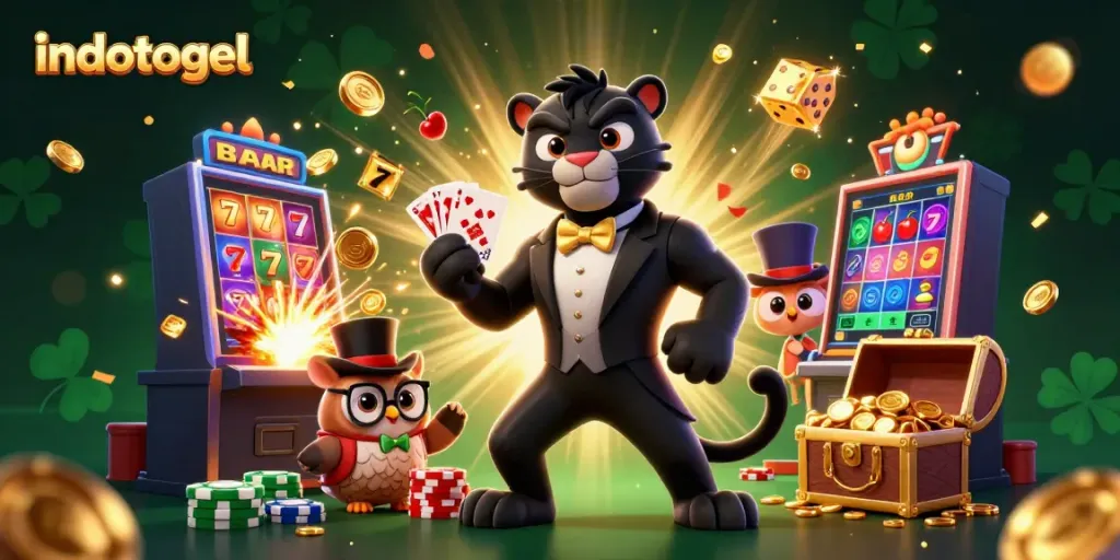 Engage in indotogel gaming with exciting 3D characters, vibrant casino elements, and jackpot explosions.