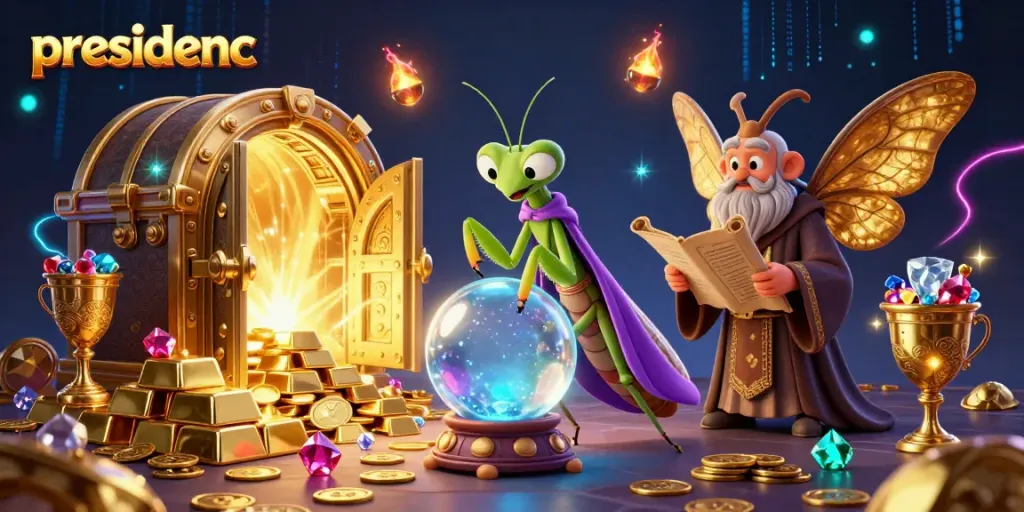 Experience thrilling wins with presidencc, showcasing a mystical fortune teller and treasures in a vibrant casino world.