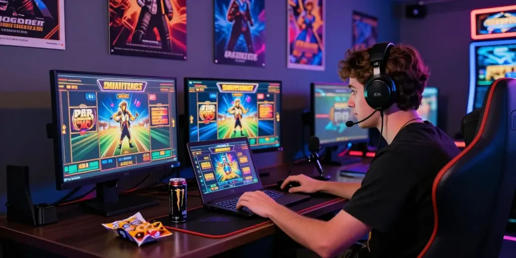 Penggemar sniperslot bermain game slot online dengan laptop di meja gaming modern.